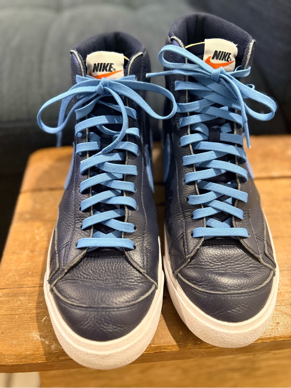 Nike Men's Navy High-Top Sneakers with Light Blue Laces Size 9.5